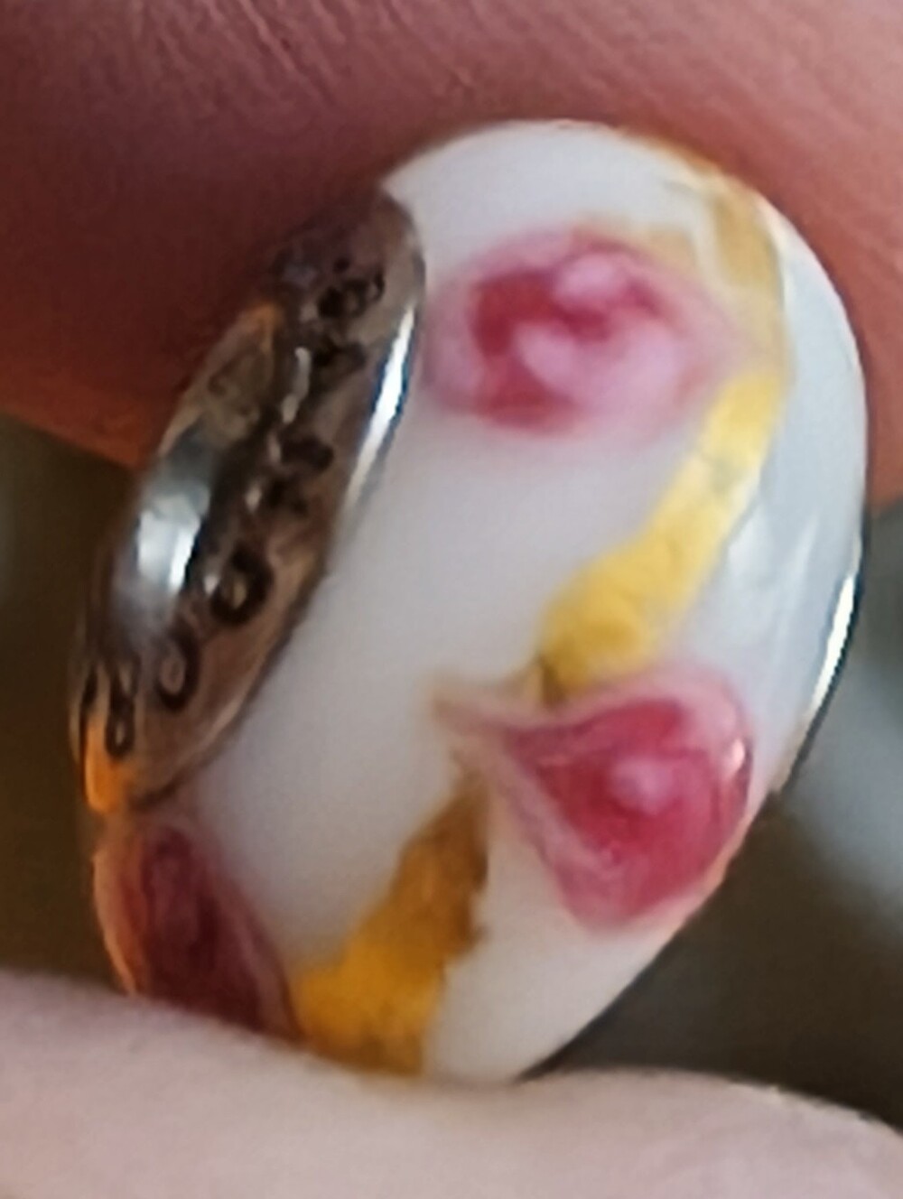 ✨Pandora Murano White Glass Bead with Pink Rose Accents